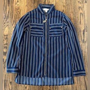 Michael Kors Navy and White Striped Zip-Front Shirt